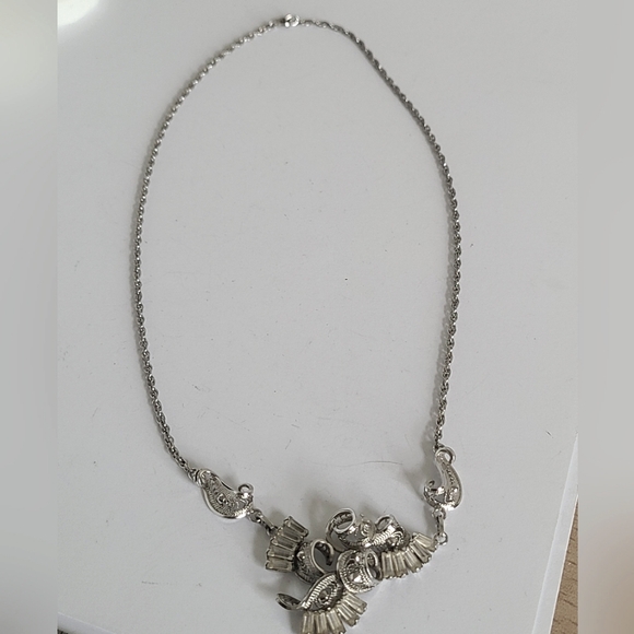 Vintage Art Deco Sterling Silver Crystal Baguette Filigree Chain Y Necklace - Picture 6 of 10